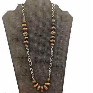Tigers Eye Beaded Long Necklace Cluster Rhinestones Gold Tone Chain Link Monet